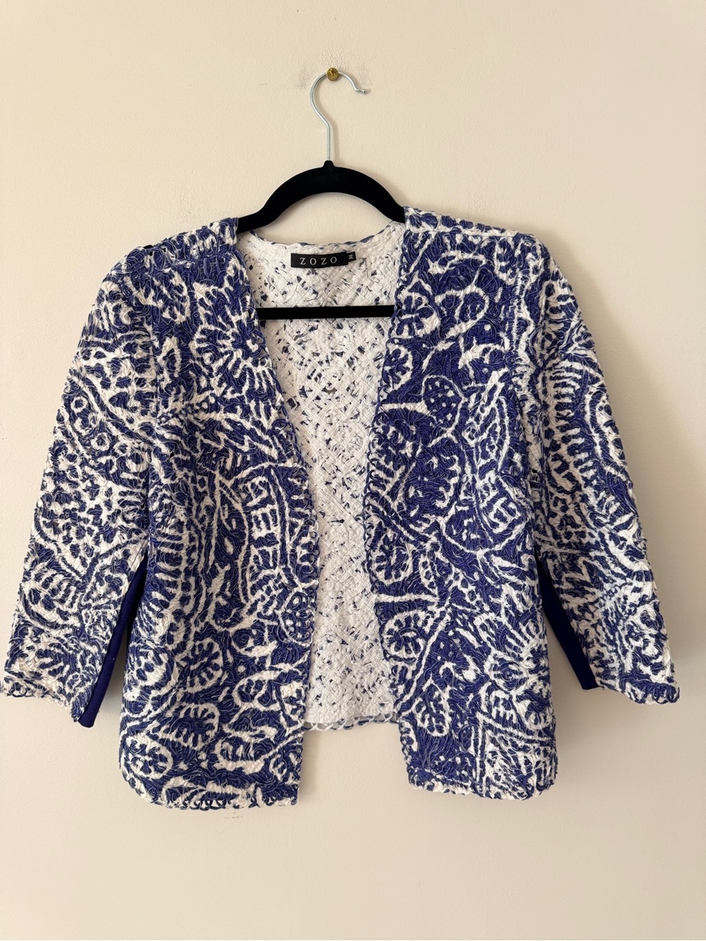 Zozo Blue & White Patterned Open Front Jacket size m